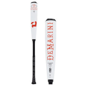 Front view of a white baseball bat with red DeMarini branding and THE GOODS text.