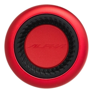 Top-down view of a red bat end cap with a black textured ring and ALPHA embossed in the center.