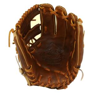 Palm view of a brown leather fastpitch glove with tan lacing and embossed Mizuno logo.