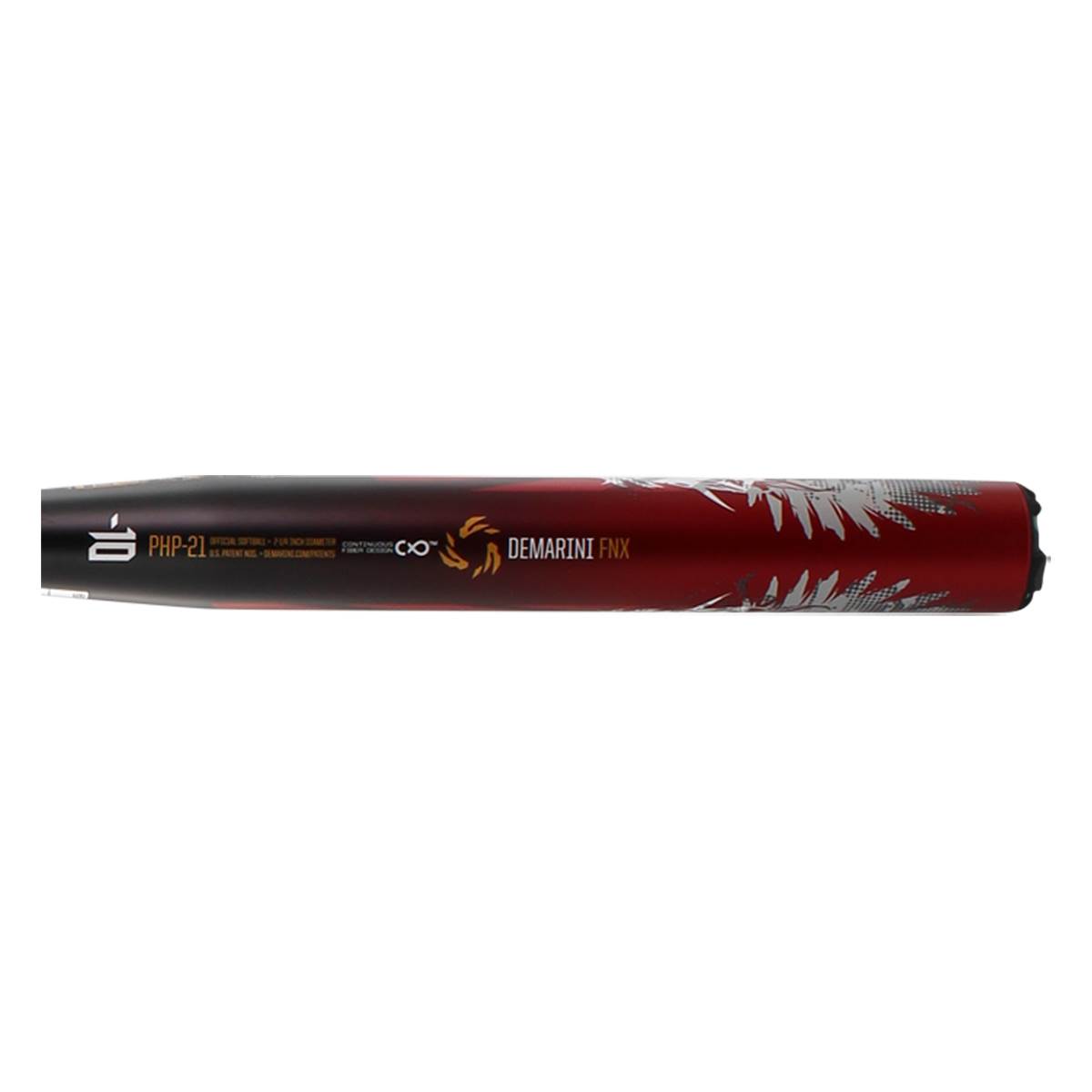 Side view of a red and black DeMarini FNX fastpitch softball bat with white feather graphics and PHP-21 text.