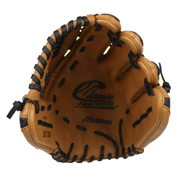 Front view of a tan baseball glove with black lacing and Classic Fastpitch and Mizuno branding.