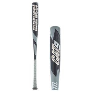 Side view of a black and gray baseball bat with Marucci and CAT9 branding.