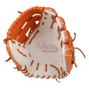 Top-down view of an orange and white baseball glove with Liberty ADVANCED branding.