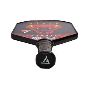 Top-down view of a black pickleball paddle with a red viper graphic and GRAPHITE text.