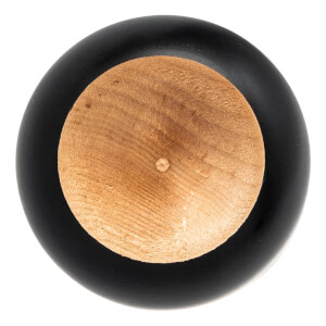 Top-down view of a black baseball bat with a natural wood end and a small circular indentation.
