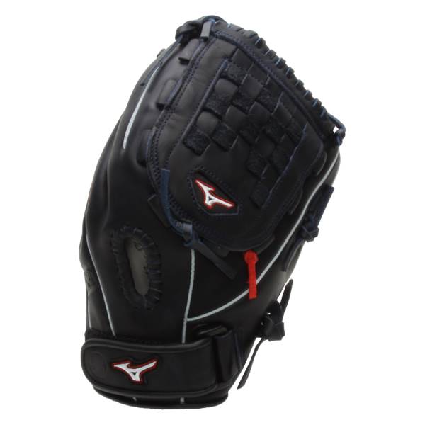 Side view of a navy baseball glove with white stitching and red accents.