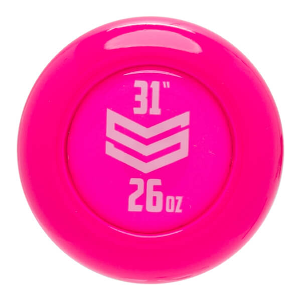 Top-down view of a pink baseball bat end cap with 31, 26oz, and a white chevron logo.