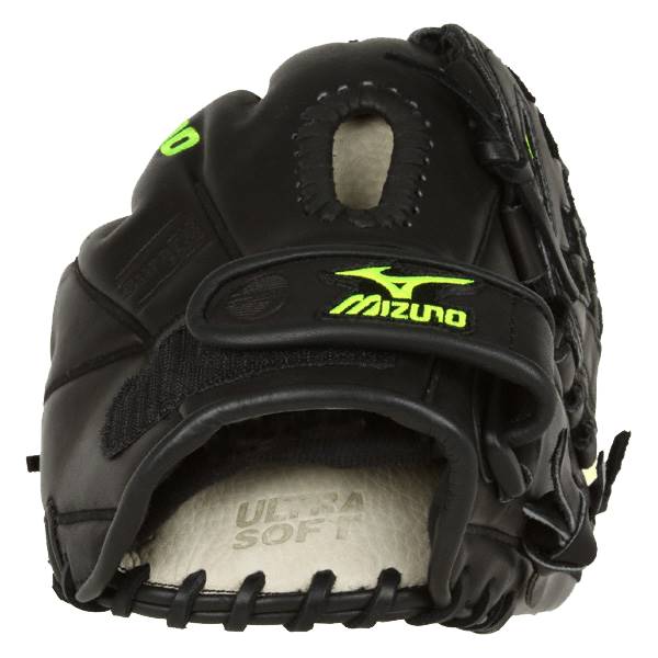 Back view of a black baseball glove with neon green Mizuno logo and ULTRA SOFT text.