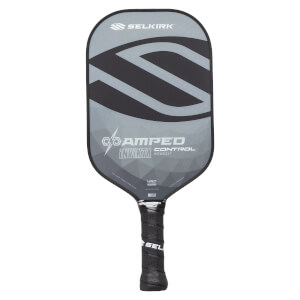 Front view of a gray and black pickleball paddle with Selkirk logo, AMPED CONTROL INVIKTA text, and black grip.