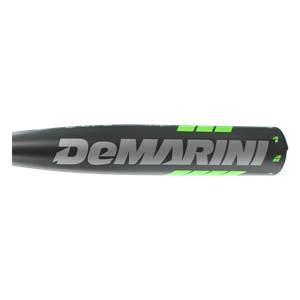 Side view of a black baseball bat with green DeMarini branding and accents.