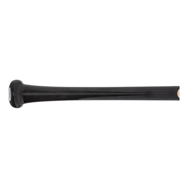 Side view of a black baseball bat with a rounded knob and wood grain visible at the end.