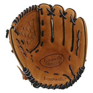 Inside view of a tan Louisville Slugger baseball glove with black lacing and GEN1050BM 10.5 inches text.