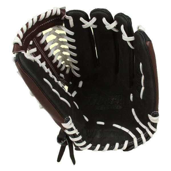 Top-down view of a black and brown baseball glove with white lacing and a visible Worth logo.