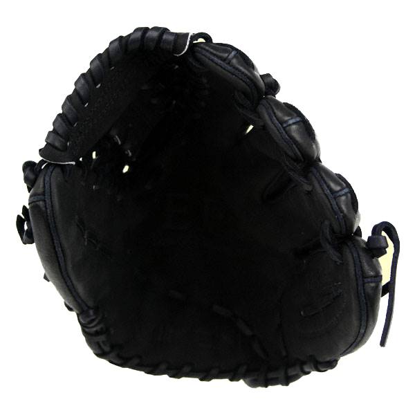 Top-down view of a black baseball glove with a deep pocket and reinforced lacing.