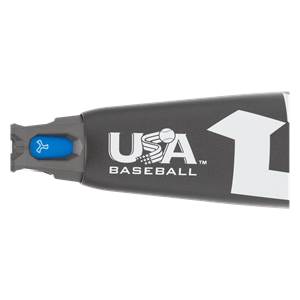 Close-up of the baseball bat barrel showing the white USA BASEBALL logo and a blue accent piece on the dark gray handle neck.