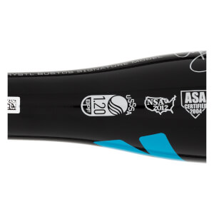 Close-up of a black fastpitch softball bat with 1.20 BPF, USSSA, NSA 2012, and ASA CERTIFIED 2004 logos.