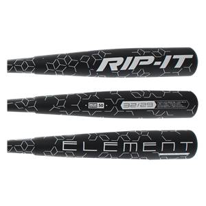 Top-down view of a black RIP-IT Element TWO BBCOR baseball bat with geometric pattern and white text.
