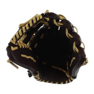 Top-down view of a brown baseball glove with tan lacing and a deep pocket.