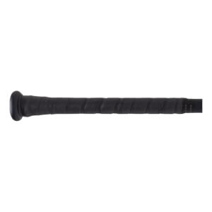 Close-up of a black baseball bat grip with textured spiral pattern and black end cap.