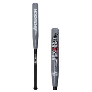 Side view of a gray softball bat with ANDERSON text and a black grip.