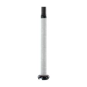 Close-up of a white softball bat grip with a black end cap and textured pattern.