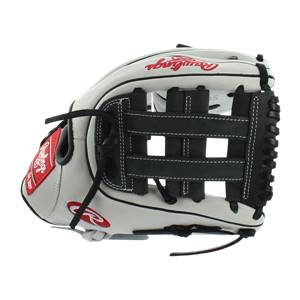 Side view of a white baseball glove with black lacing and Rawlings branding.