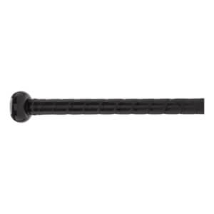 Side view of a black baseball bat with a textured grip and rounded knob.