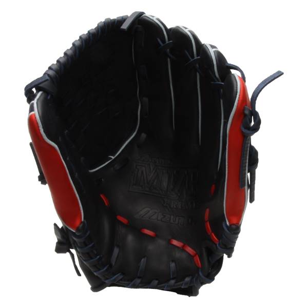 Front view of a black baseball glove with red accents and white stitching.