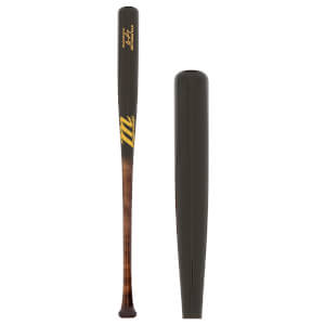 Front view of a dark brown maple baseball bat with a gold M logo and marucci text.
