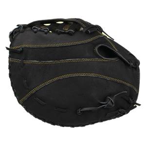 Top-down view of a black first base mitt with yellow stitching and a deep pocket.
