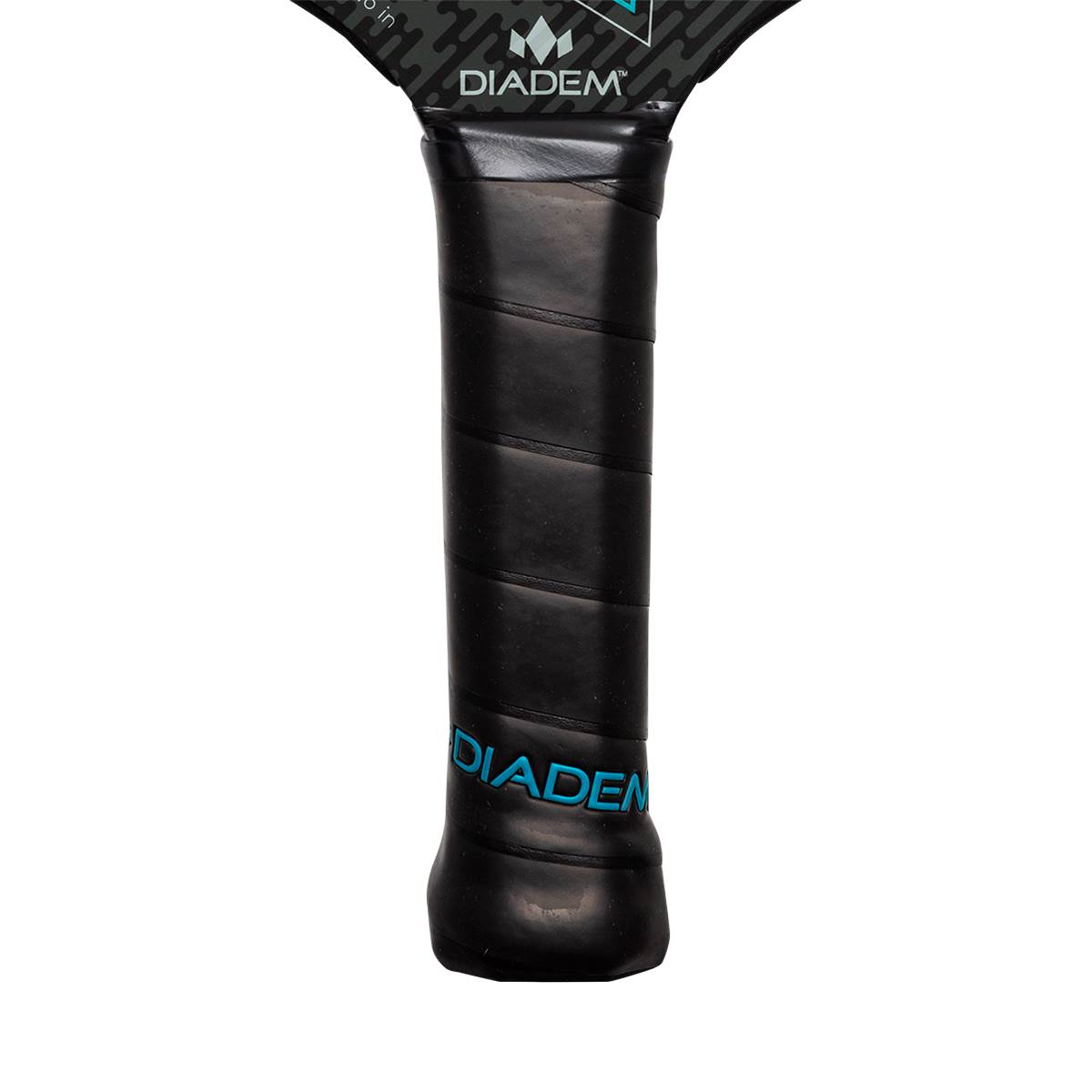 Close-up of a black pickleball paddle grip with blue DIADEM text and a textured surface.