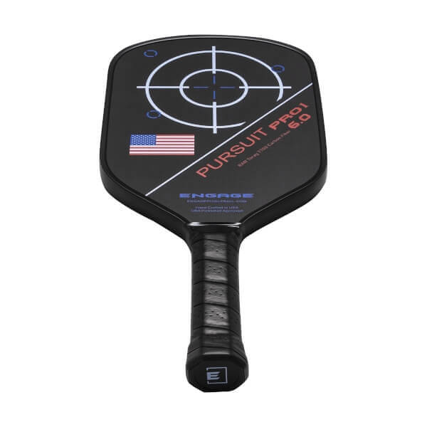 Front view of a black pickleball paddle with a target design, American flag, and PURSUIT PRO1 6.0 text.