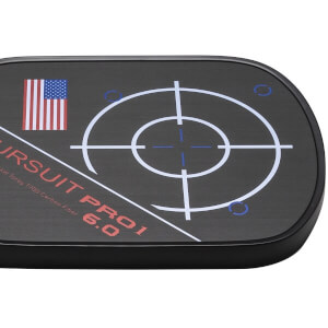 Close-up of a black pickleball paddle with PURSUIT PRO1 6.0 text, an American flag, and a target graphic.