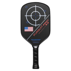 Front view of a black pickleball paddle with a target design, American flag, and PURSUIT PRO1 6.0 text.
