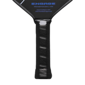 Close-up of a black pickleball paddle grip with perforated texture and Engage branding.
