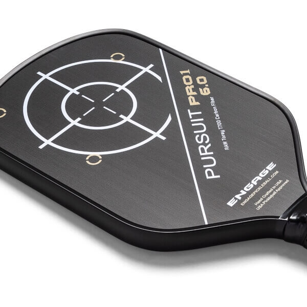 Top-down view of a black pickleball paddle with a target design, PURSUIT PRO1 6.0, and ENGAGE branding.