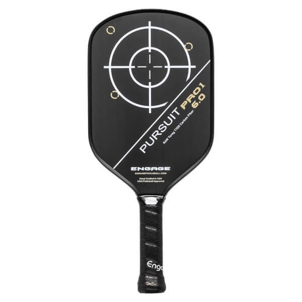 Front view of a black pickleball paddle with a target design, PURSUIT PRO1 6.0 text, and Engage branding.