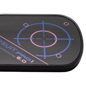 Close-up of a black pickleball paddle with PURSUIT PRO1 6.0 text and a blue and pink target design.