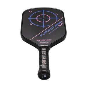 Front view of a black pickleball paddle with a target design, PURSUIT PRO1 6.0 text, and Engage branding.