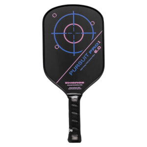 Front view of a black pickleball paddle with a target design, PURSUIT PRO1 6.0, and ENGAGE branding.