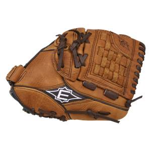 Side view of a tan baseball glove with a woven palm and an E logo.
