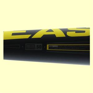 Close-up of a black baseball bat with yellow Easton branding, BBCOR certified .50, and HYBRID IMX Advanced Composite text.