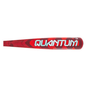 Side view of a red baseball bat with QUANTUM in light blue and geometric patterns.