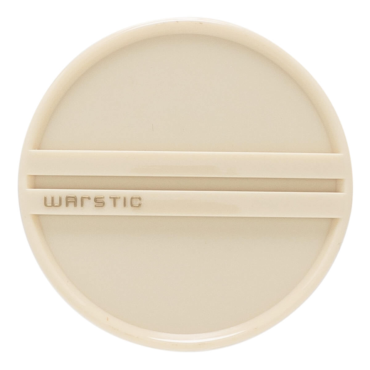 Top-down view of a cream circular bat end cap with two horizontal raised lines and embossed WARSTIC text.