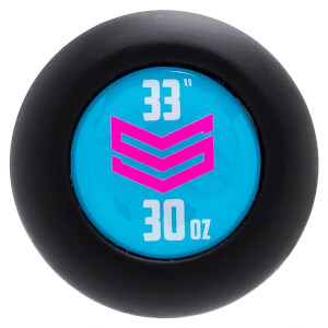 End cap view of a black baseball bat with a blue circle, pink chevron logo, and 33 30 oz text.