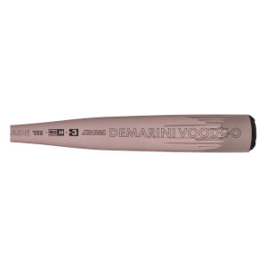 Side view of a rose gold baseball bat with DEMARINI VOODOO ONE printed on the barrel and a black end cap.