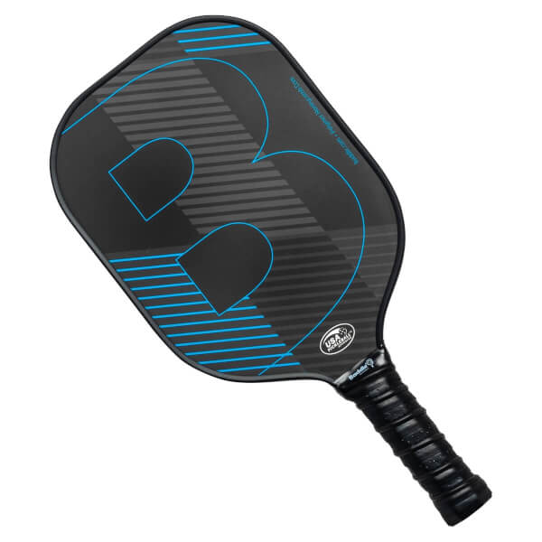 Top-down view of a black pickleball paddle with blue accents and a large B graphic.