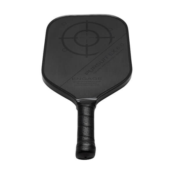 Front view of a black pickleball paddle with a target design, PURSUIT EX 6.0, and ENGAGE text.