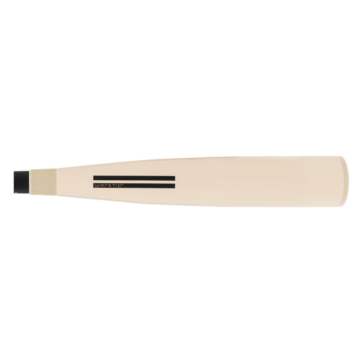 Side view of a cream baseball bat with WARSTIC branding and a black handle end.