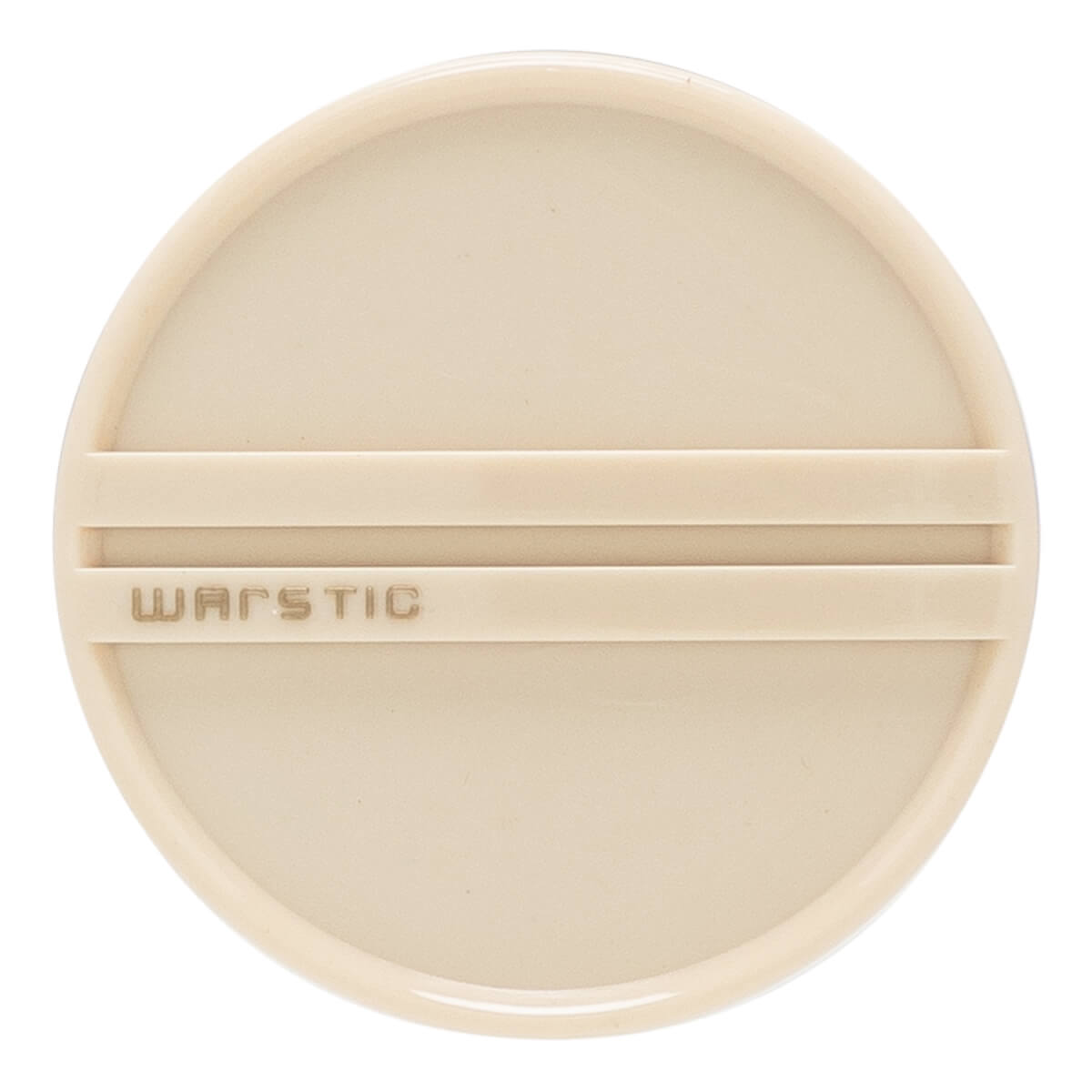 Top-down view of a cream baseball bat end cap with two raised horizontal lines and embossed WARSTIC text.